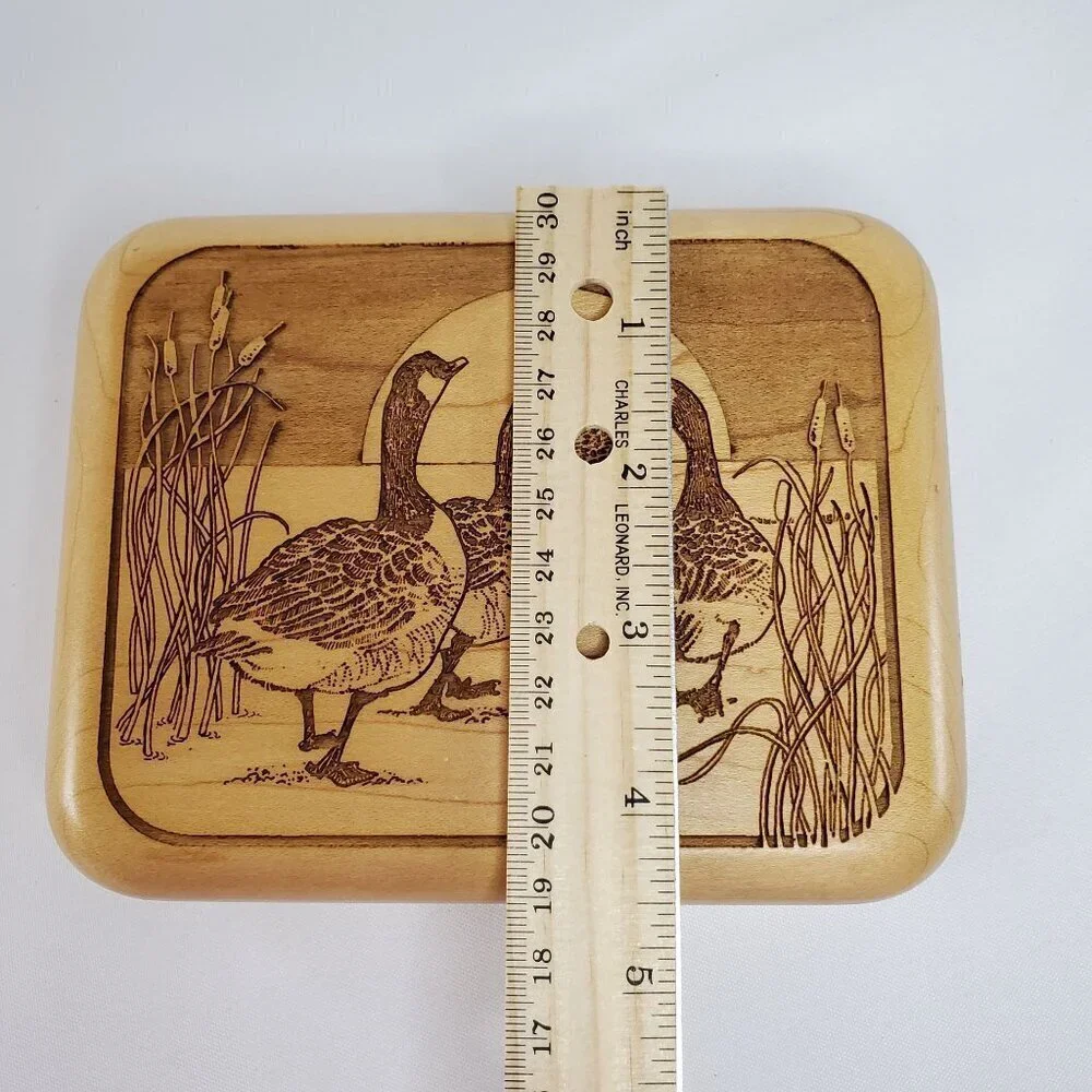 VTG Laz-Art Laser Etched Handcrafted Wood Lidded Jewelry Box Trinket Geese